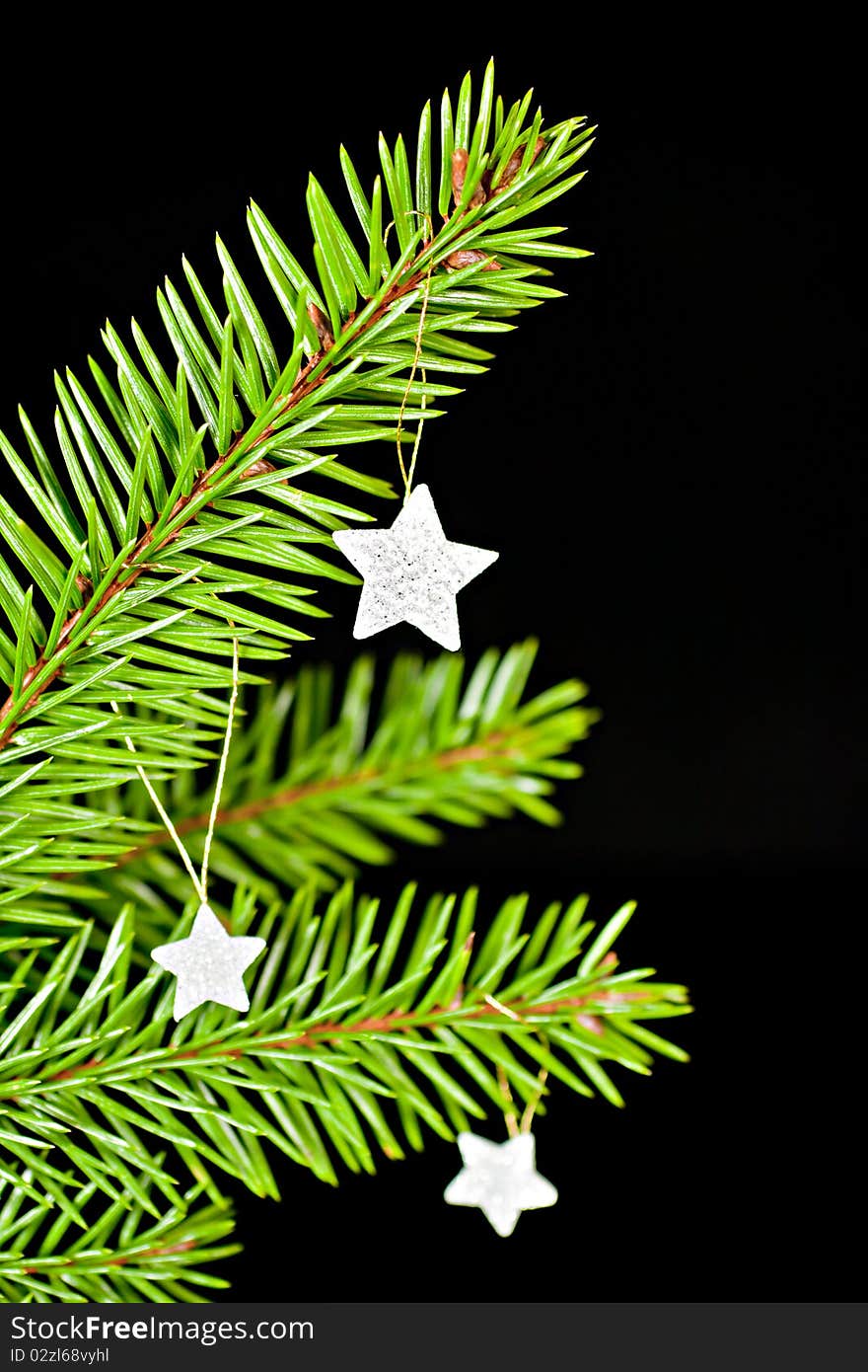 Fir branch with hanging Christmas decorations on a black background. Fir branch with hanging Christmas decorations on a black background.