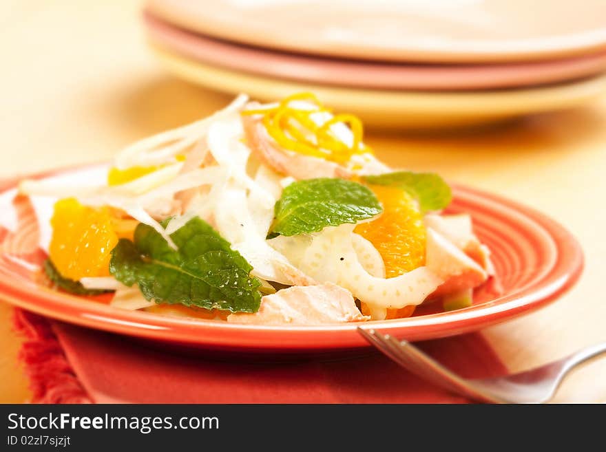 Poached salmon crunchy fennel and juicy orange combine for a delicious and healthy salad. Poached salmon crunchy fennel and juicy orange combine for a delicious and healthy salad