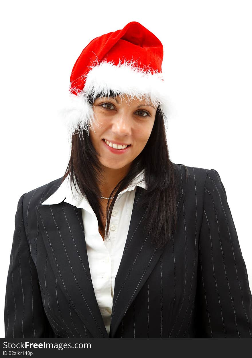 Attractive smiling businesswoman in santa hat. Attractive smiling businesswoman in santa hat