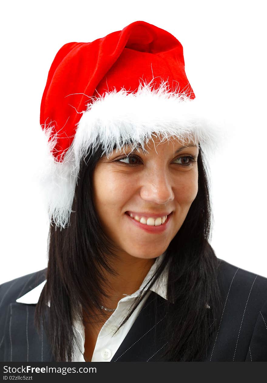 Attractive smiling businesswoman in santa hat. Attractive smiling businesswoman in santa hat