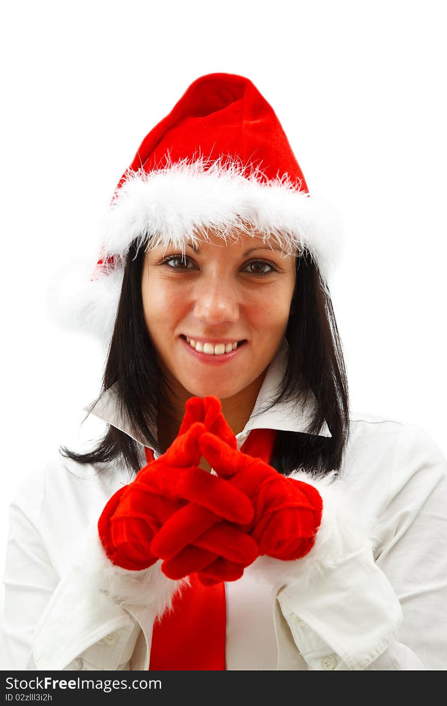 Smiling young Christmas woman wearing red tie, gloves and hat