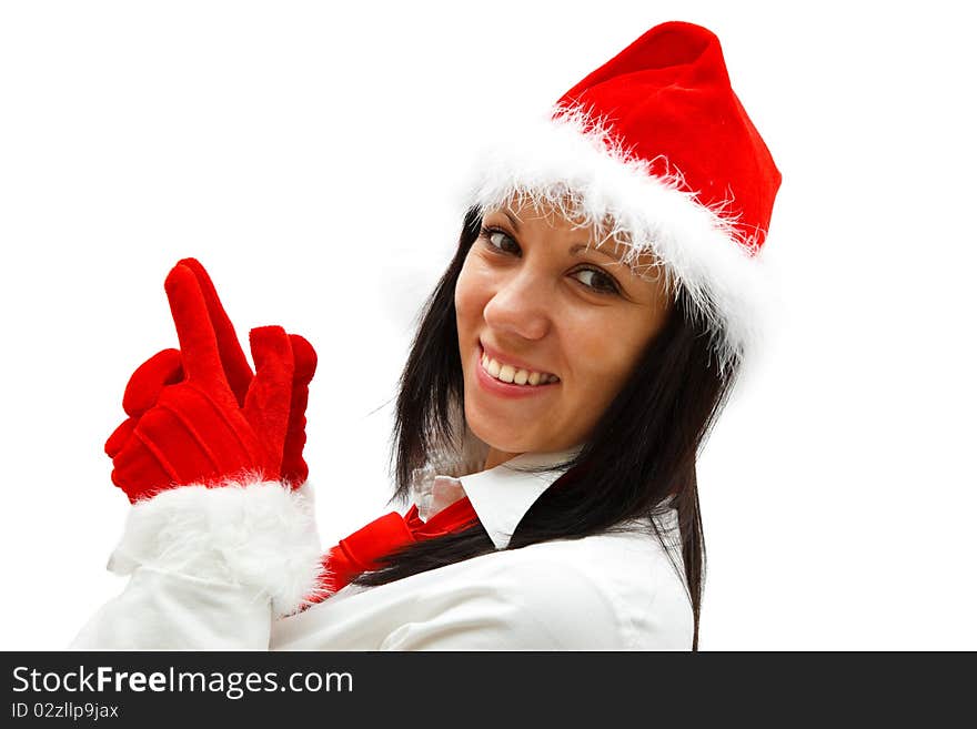 Smiling young Christmas woman wearing red tie, gloves and hat