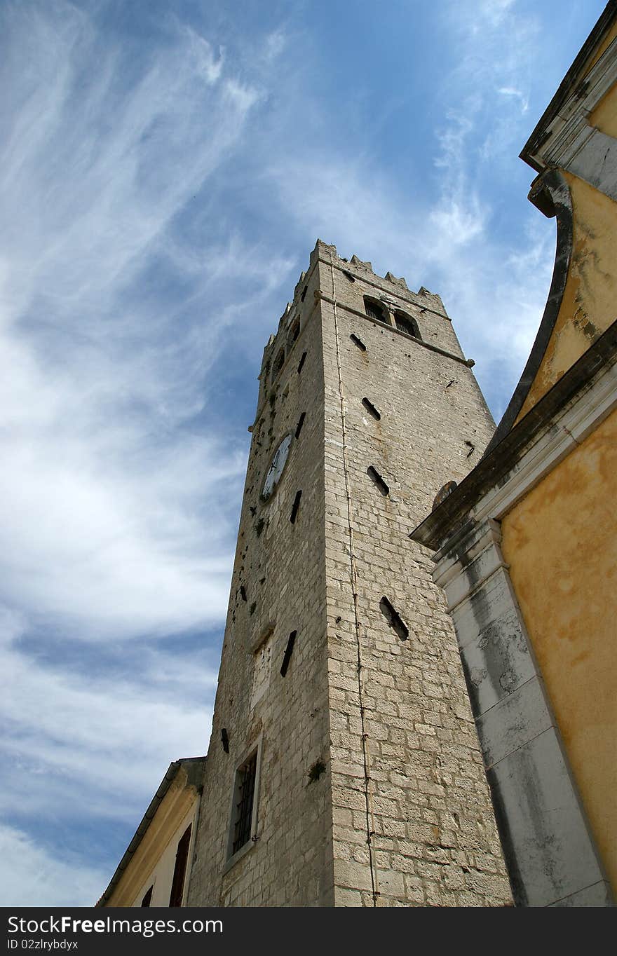 Belfry old Lutheran Church. The town of Motovun, Croatia