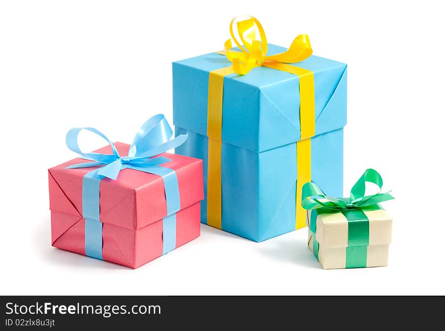 Color gift boxes on white background