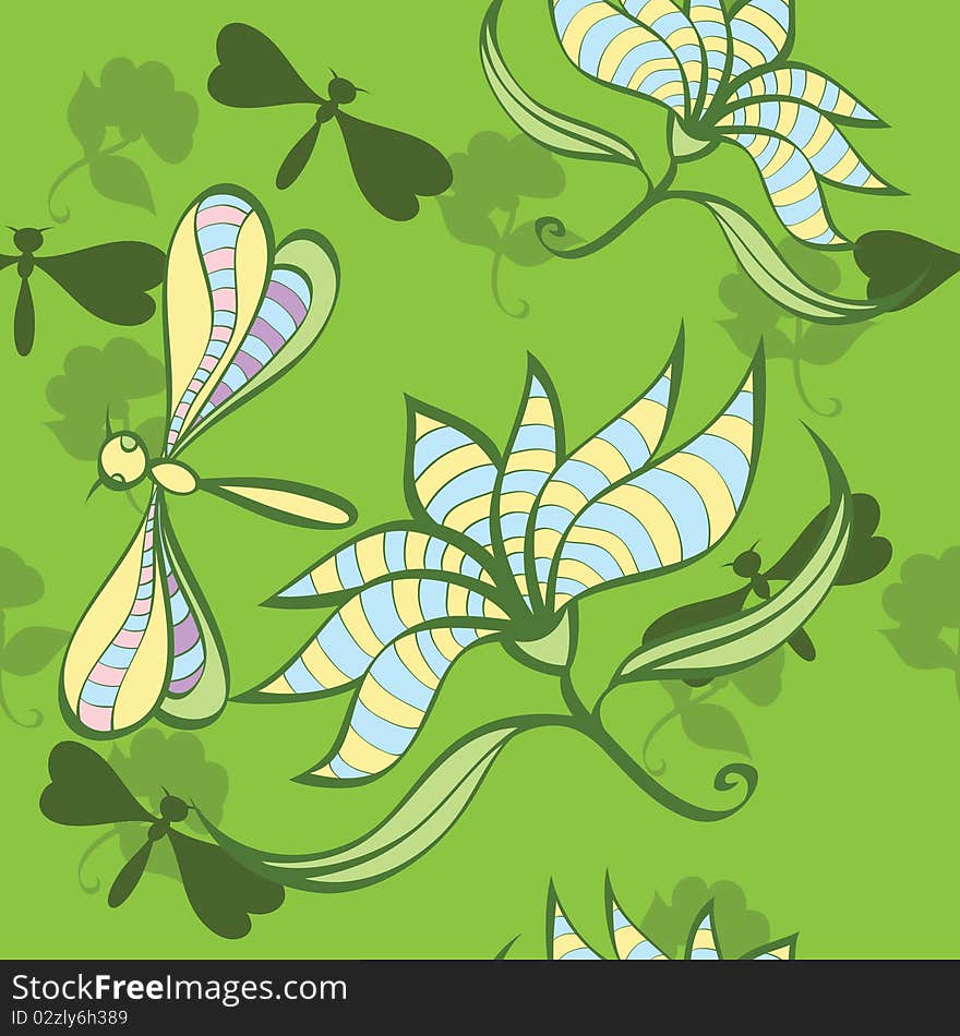 Green floral seamless tspattern with flower and insec. Green floral seamless tspattern with flower and insec