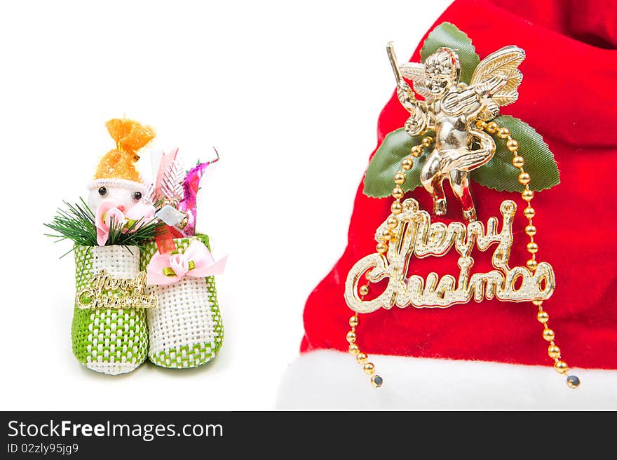 Red santa claus hat and stocking isolated