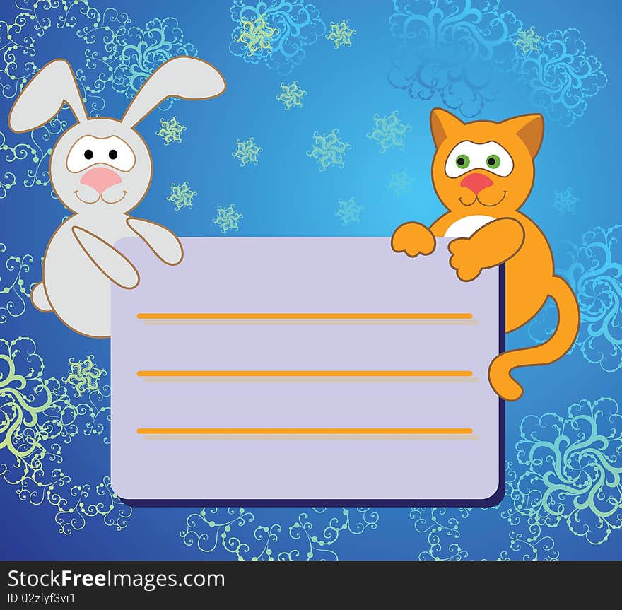 Rabbit and cat on winter background