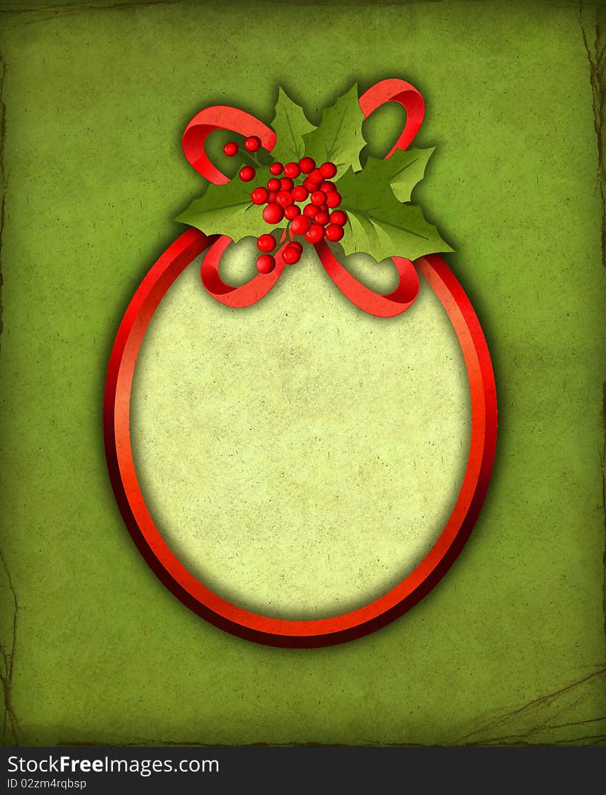 Frame with ribbon and holly berry. Frame with ribbon and holly berry