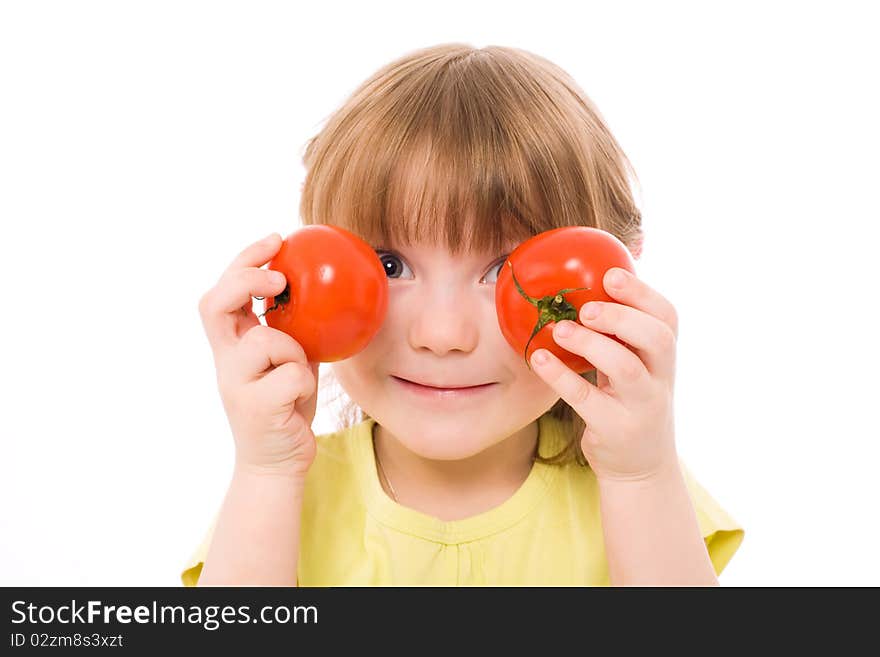 The portrait of a lovely girl holding two red tomatoes in her hands. The portrait of a lovely girl holding two red tomatoes in her hands