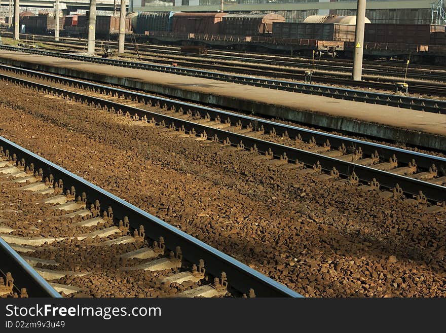 Railway yard with a lot of railway lines and freight train