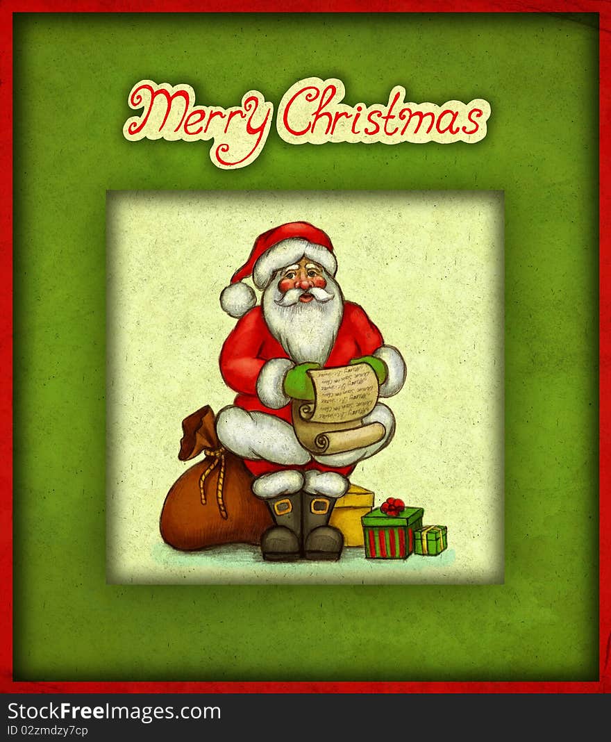 Christmas greeting card with illustration of Santa Claus