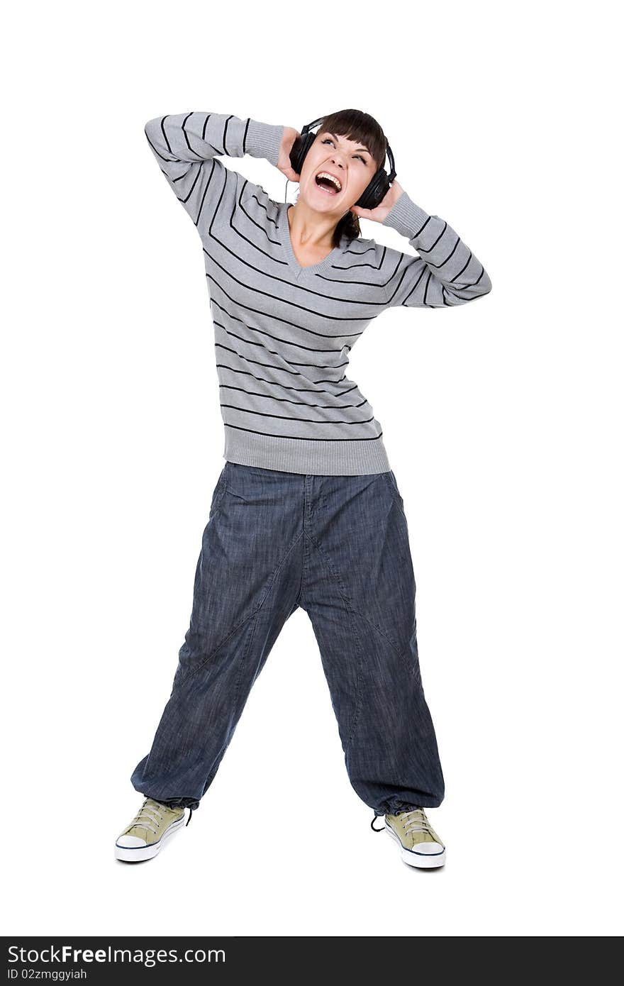 Young adult woman with headphones. over white background. Young adult woman with headphones. over white background