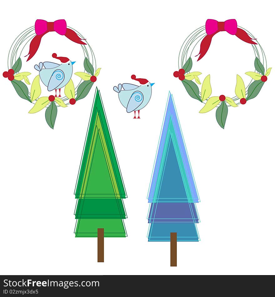 Vector illustration of a christmas set included bird ribbon christmas decor and trees