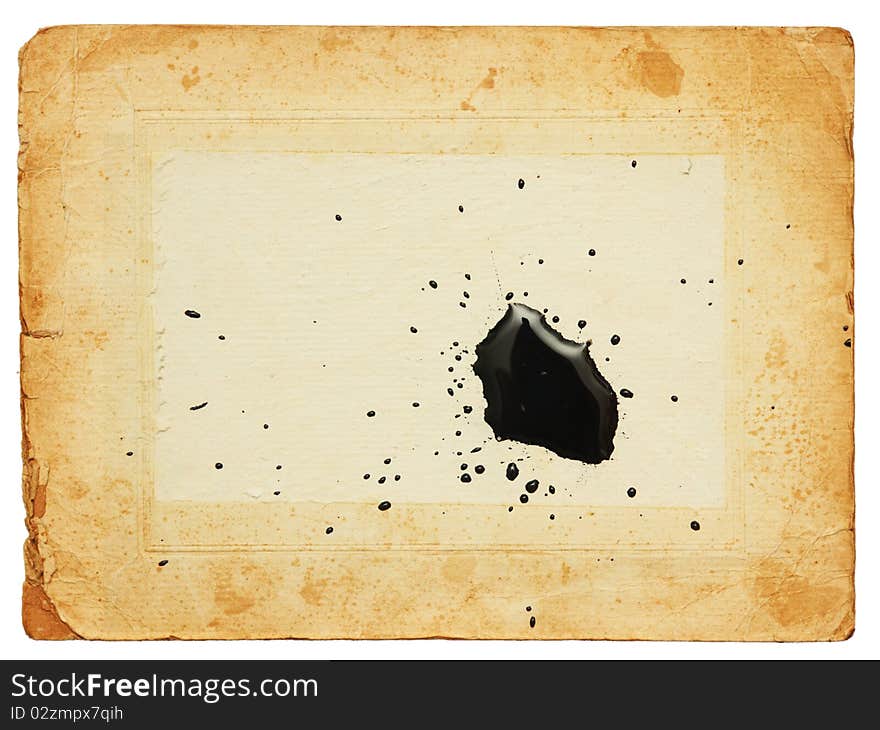 A old paper with a ink blot as a background or texture on white