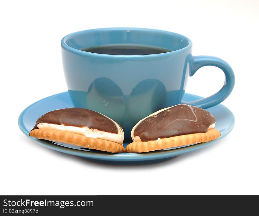 Cup of tea and some cookies on white background