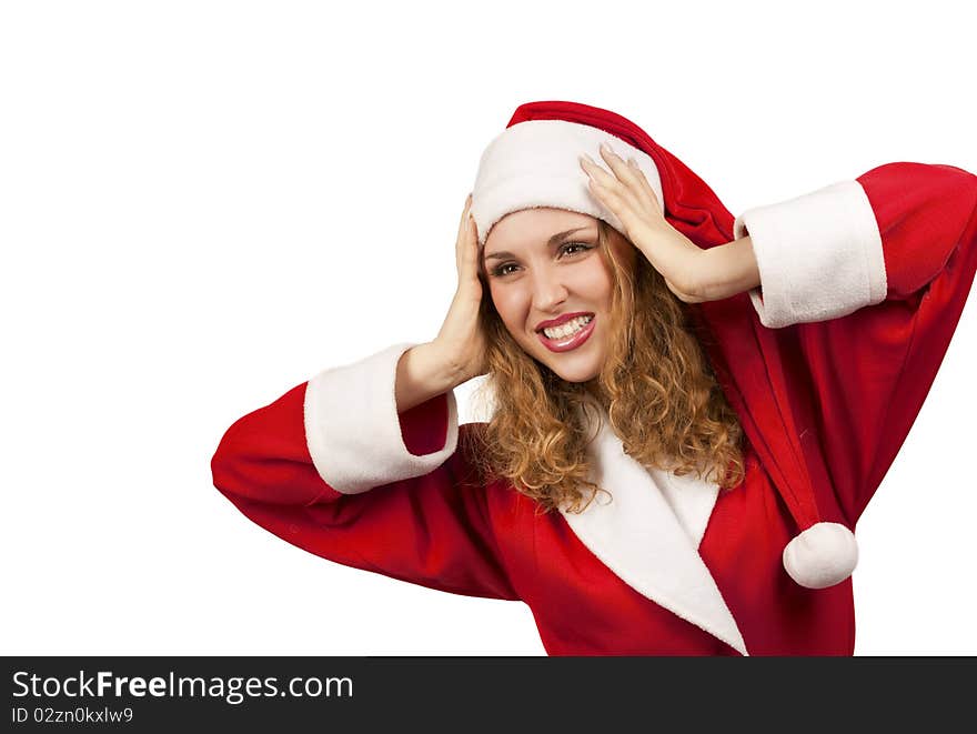 Surprised Santa Claus smiling over white background