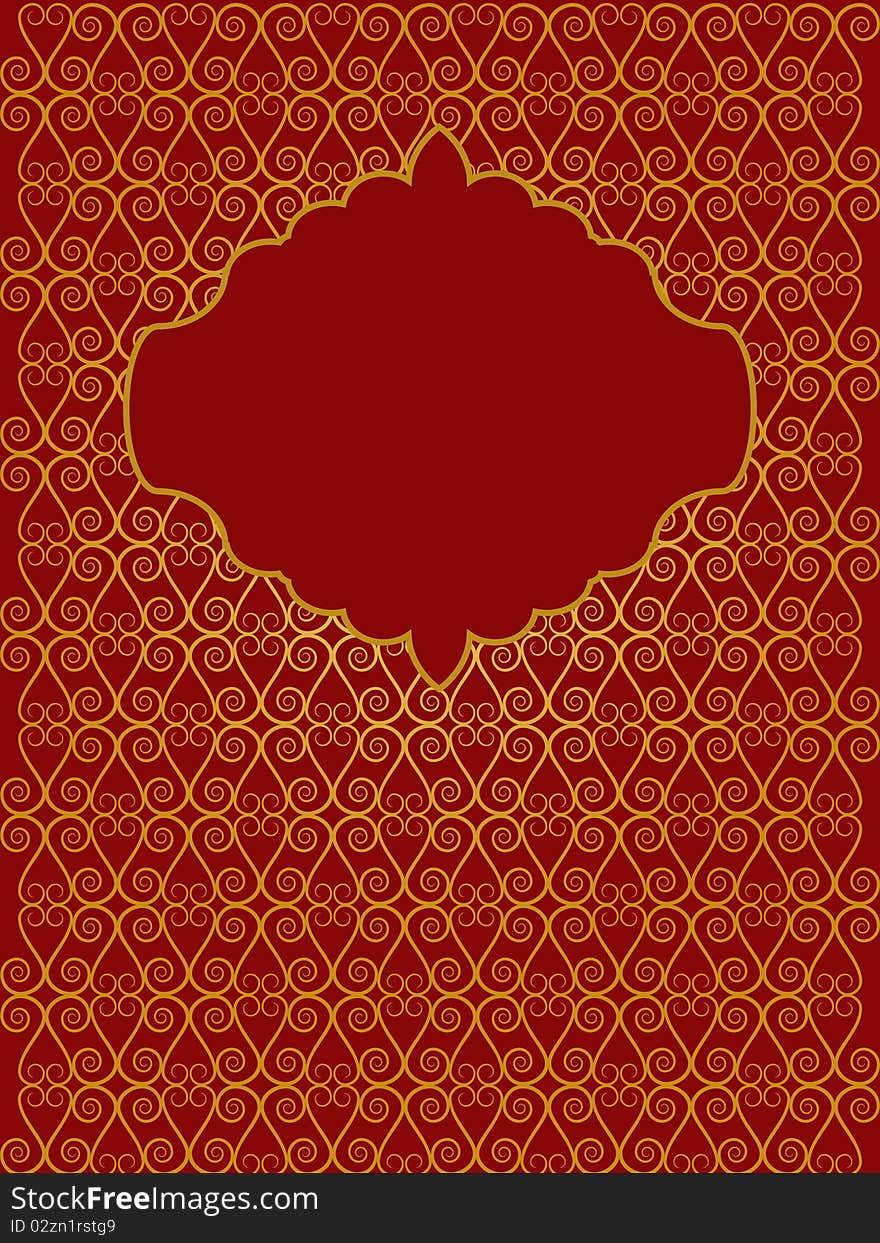 Vector picture of gold vintage frame on dark red background. RGB