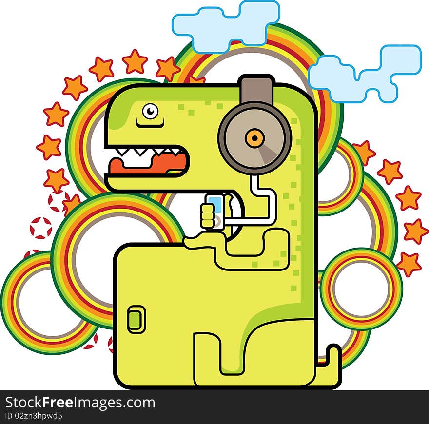 Funny monster with the player listens to music on headphones. Vector illustration.