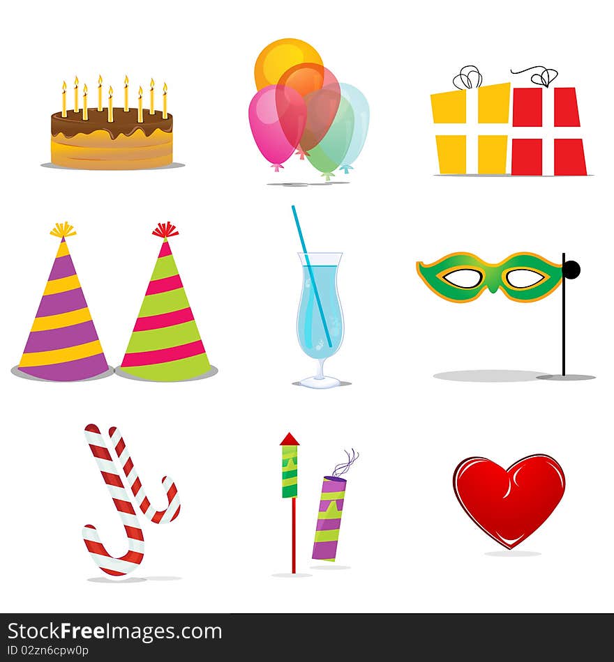 Illustration of birthday icons on white background