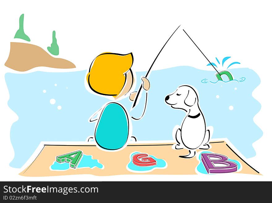 Illustration of boy and dog fishing text. Illustration of boy and dog fishing text