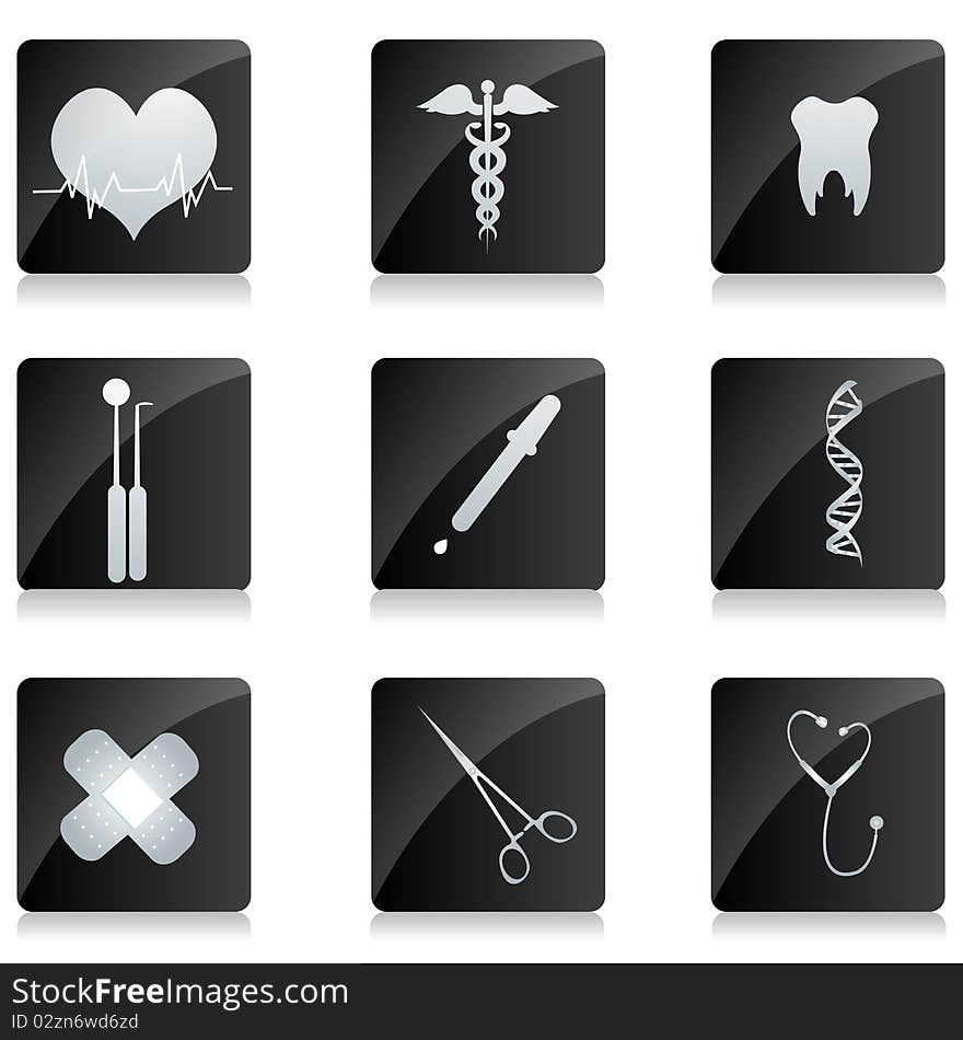 Illustration of medical icons on square button