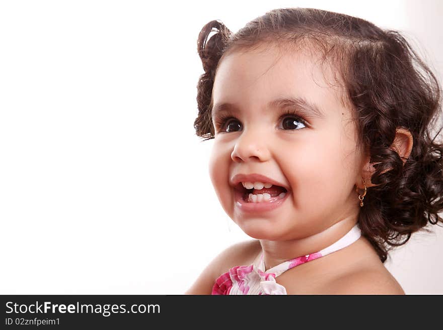 Beauty girl smiling with copy space to insert text or design, isolated image