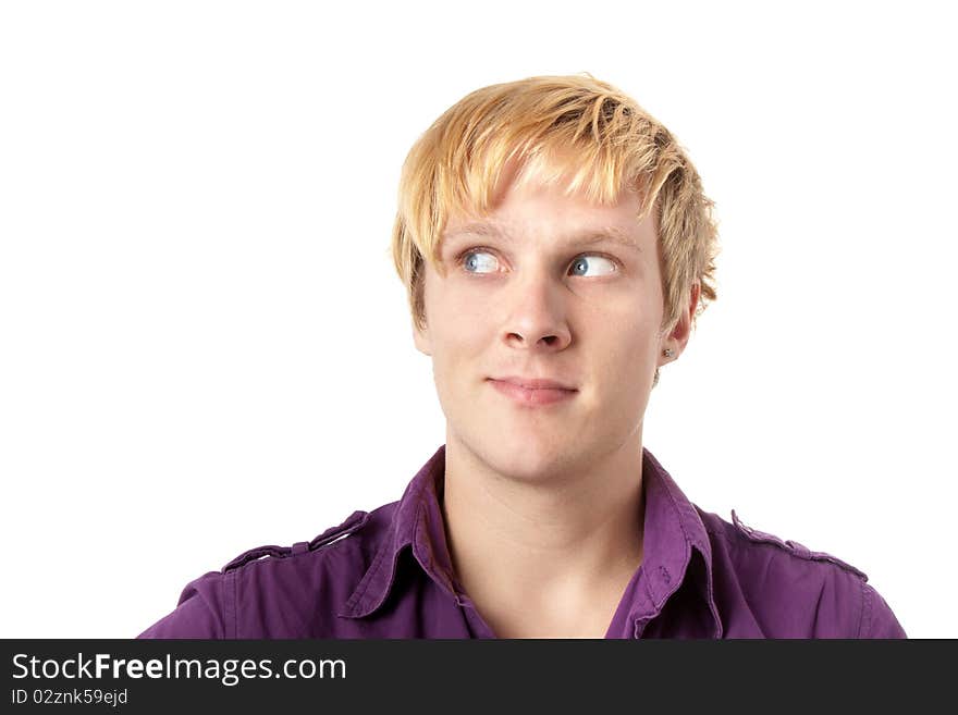 Young man looking at  blank space on white background