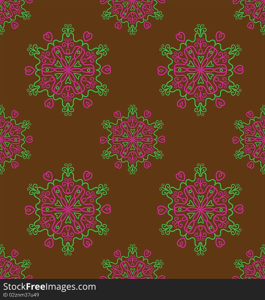 A illustration. Chocolate brown background with abstract pink-green flowers. A illustration. Chocolate brown background with abstract pink-green flowers.