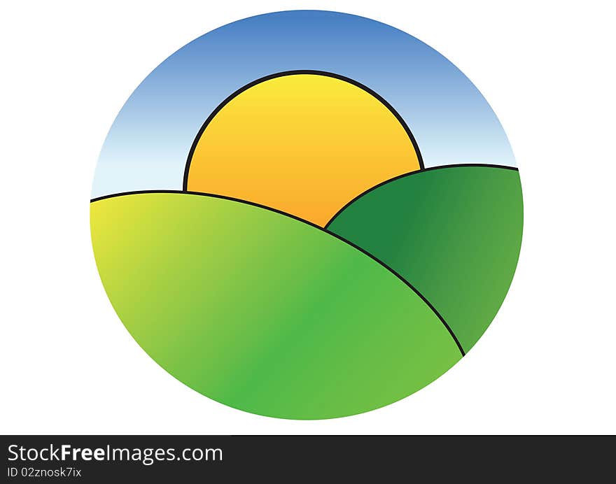 Illustration of the sun appearing over grassy hills. Illustration of the sun appearing over grassy hills