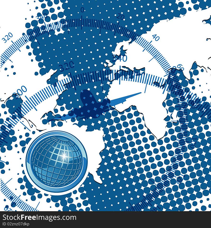 Illustration, plane on blue globe on blue background. Illustration, plane on blue globe on blue background