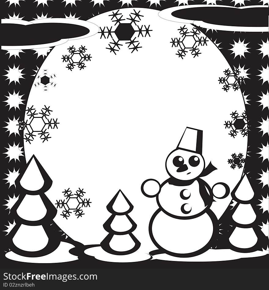 Winter: circle frame with snowman and fir-trees. Winter: circle frame with snowman and fir-trees.