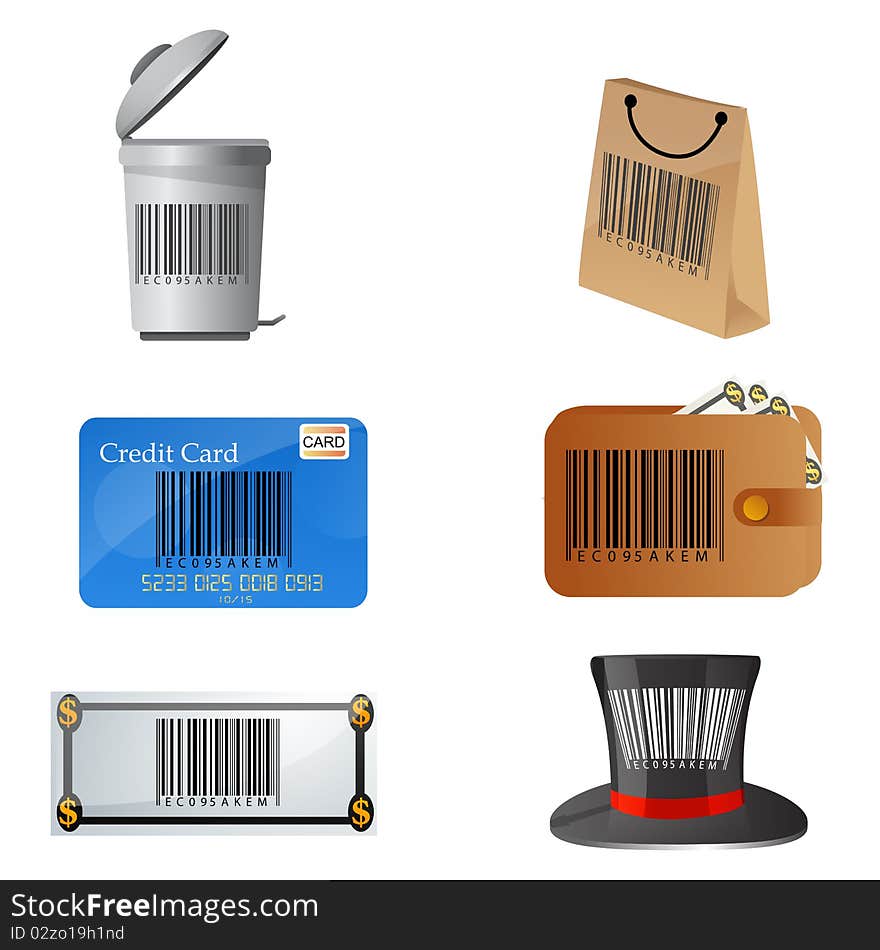 Illustration of barcode on different objects on isolated background