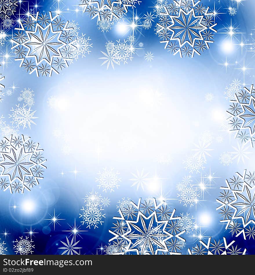 Christmas blue background with bright snowflakes and stars. Christmas blue background with bright snowflakes and stars