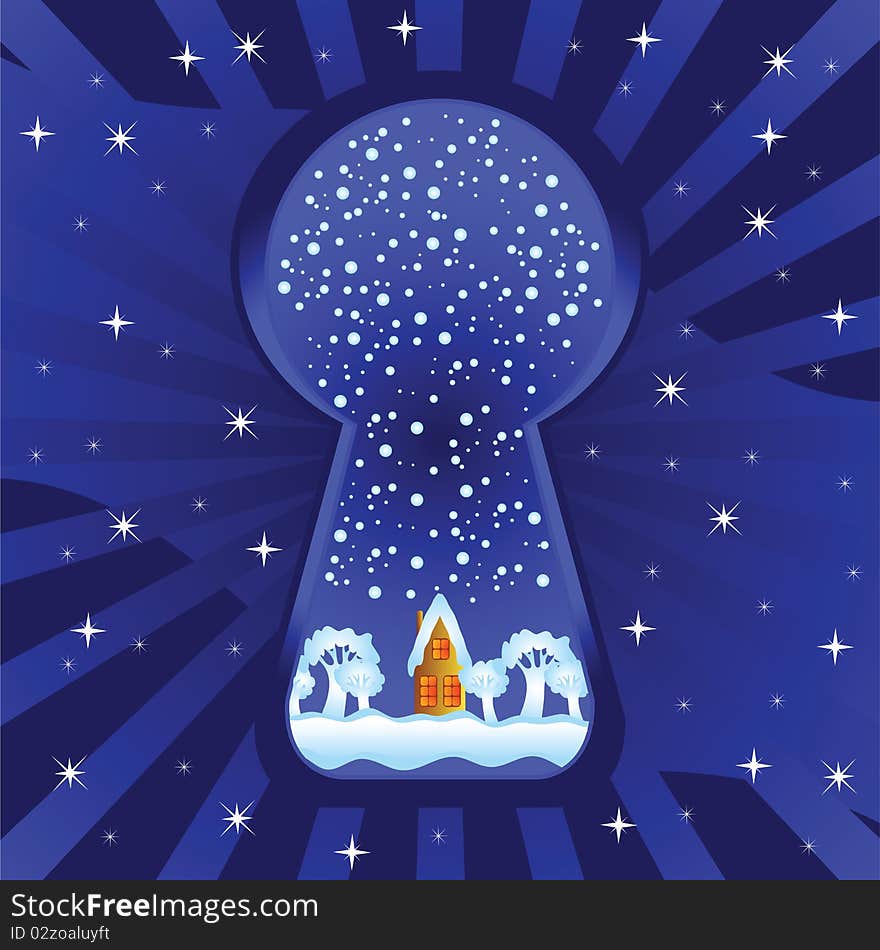 Winter evening. A dark blue background. Through a keyhole the landscape with a small house is visible. Winter evening. A dark blue background. Through a keyhole the landscape with a small house is visible.