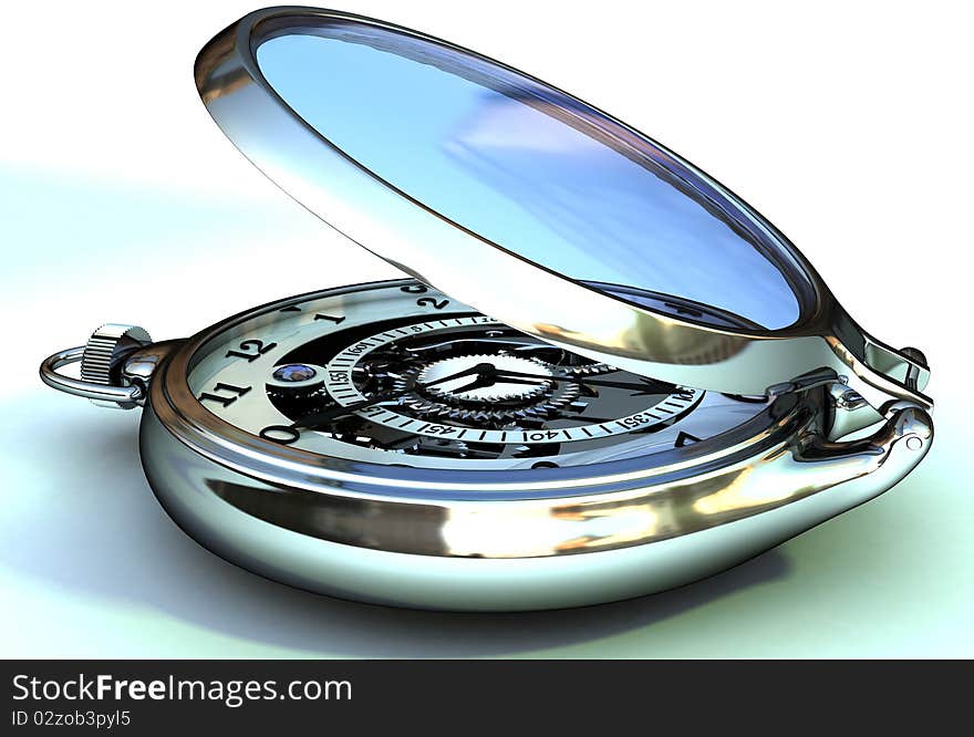 Silver pocket watch on a light background with a stopwatch. Silver pocket watch on a light background with a stopwatch