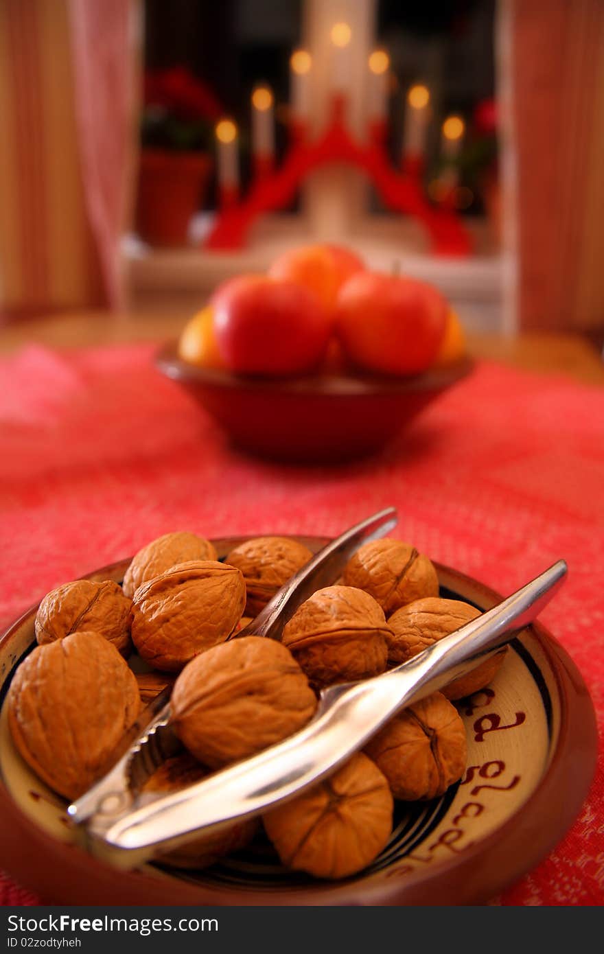 Christmas still life with nuts and apples