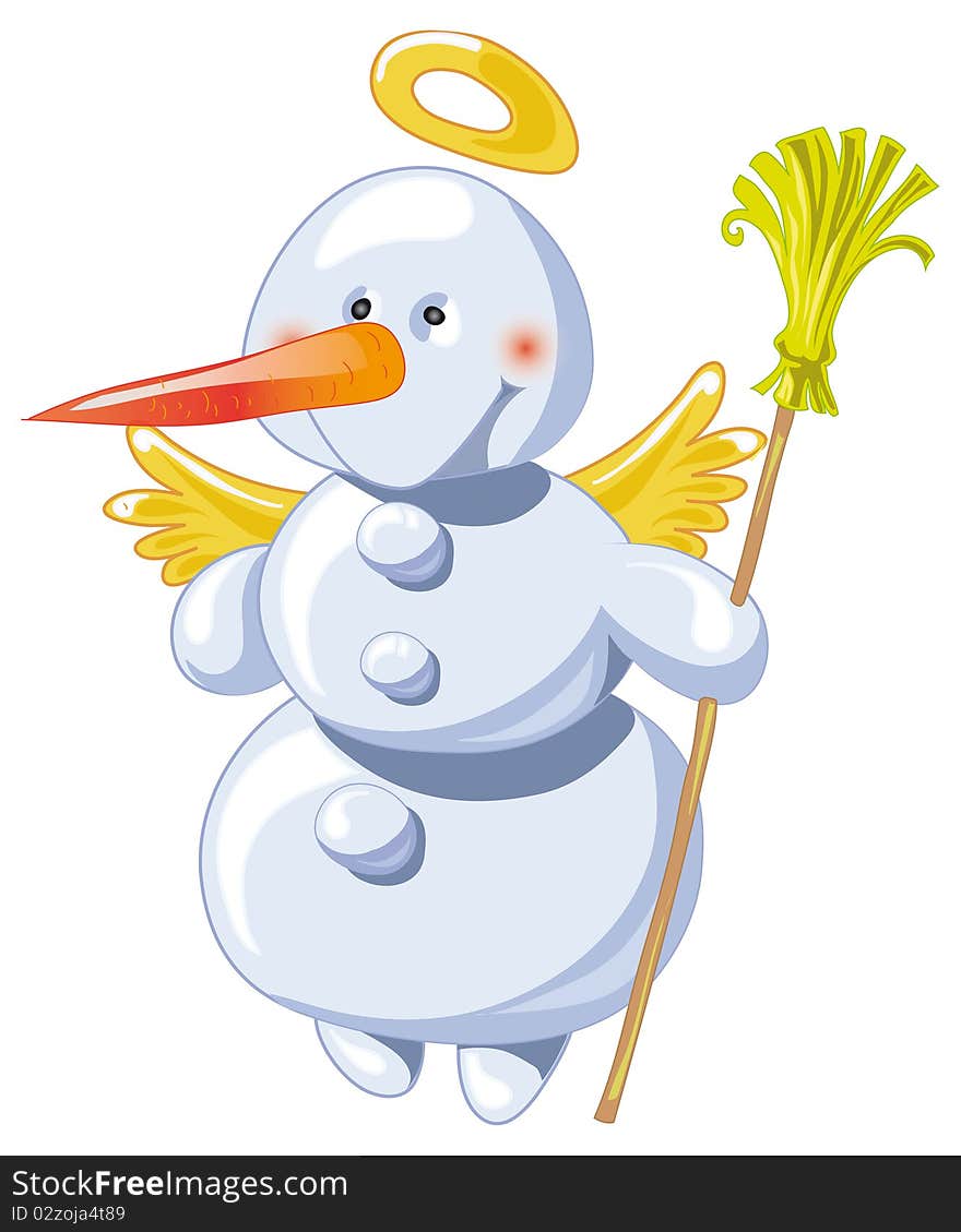 Snowman with wings , halo and with a broom. Snowman with wings , halo and with a broom