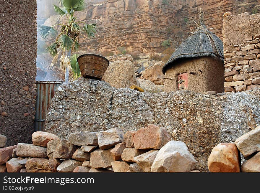 A Traditional Dogon Granary Below Cliff Face