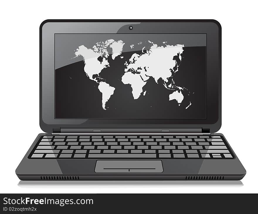 Black laptop with world map