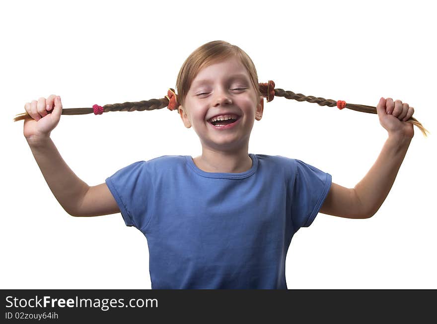 Funny smiling little girl portrait isolated over white background. Funny smiling little girl portrait isolated over white background