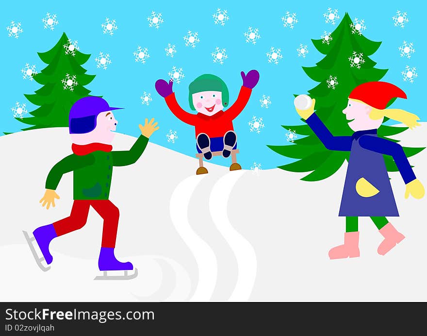 Children play in the snow, sliding and throwing snowballs. Children play in the snow, sliding and throwing snowballs.