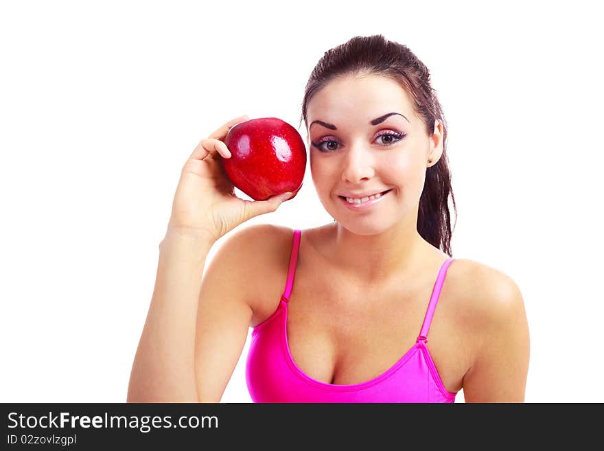 Beautiful young brunette girl with a big red apple. Beautiful young brunette girl with a big red apple