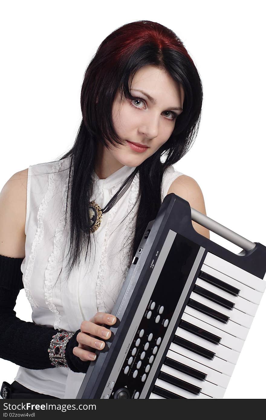 Beautiful girl with synthesizer isolated