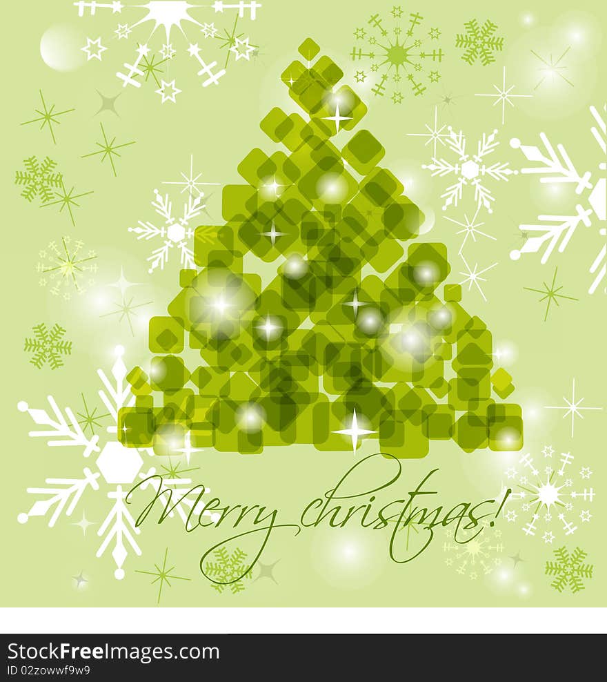 Abstract green christmas tree on snowflakes background.