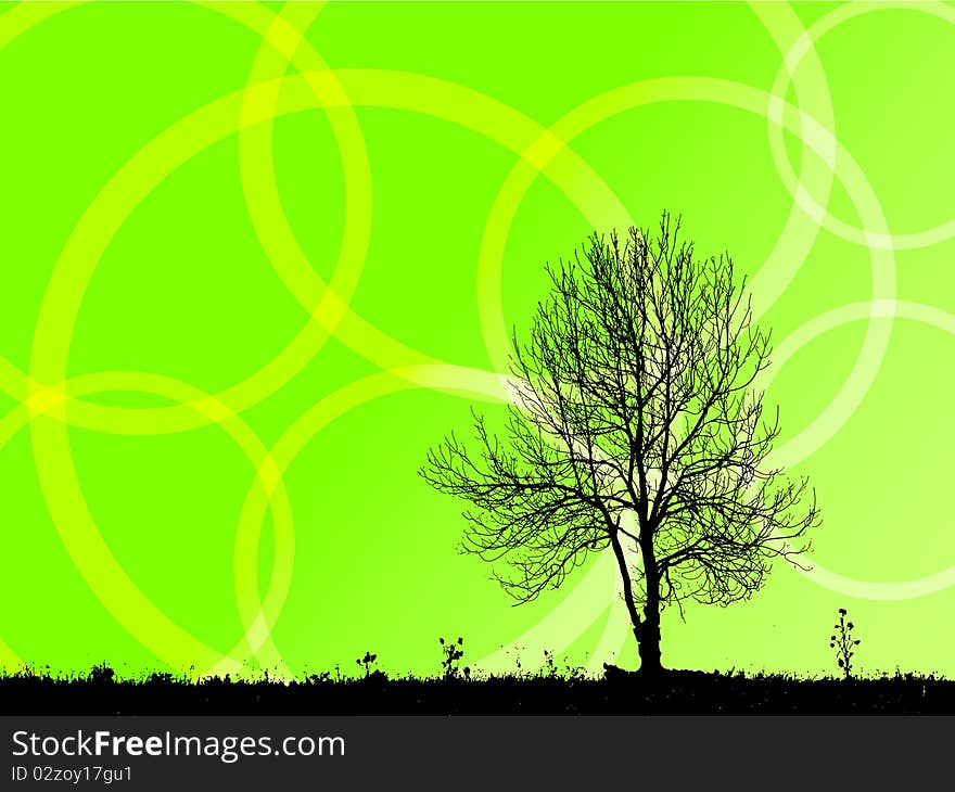 Silhouette of the tree with abstract circles at background. Silhouette of the tree with abstract circles at background