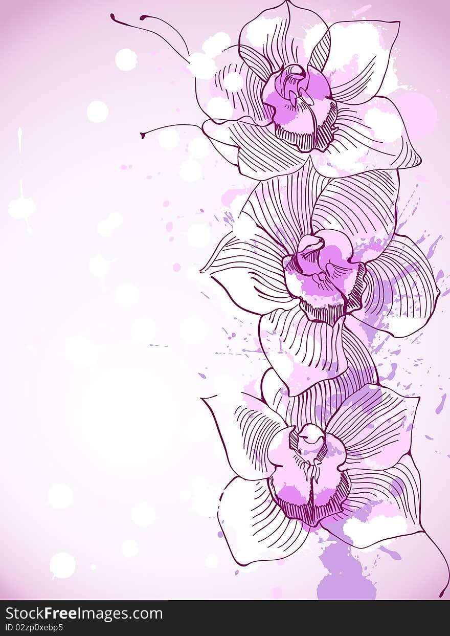 Drawing orchid with ink splashes