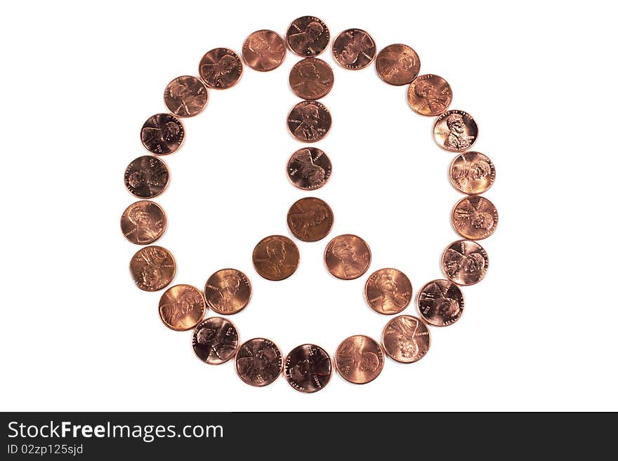 Peace symbol arranged from pennies on white background. Peace symbol arranged from pennies on white background.