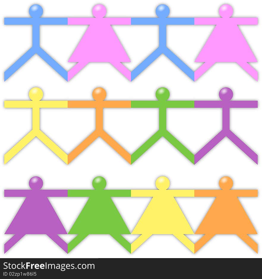 Colored chain of people and couples stand together. Colored chain of people and couples stand together