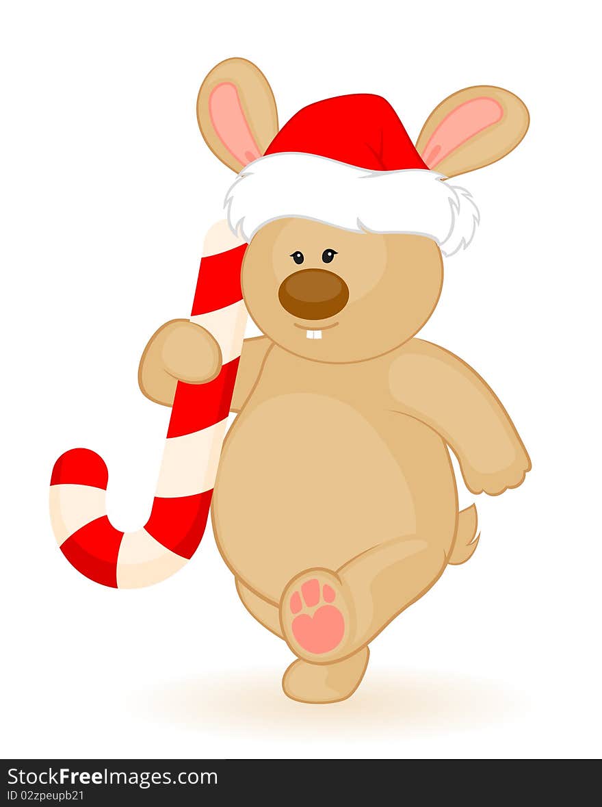 Cartoon little toy bunny in the cap of Santa Claus