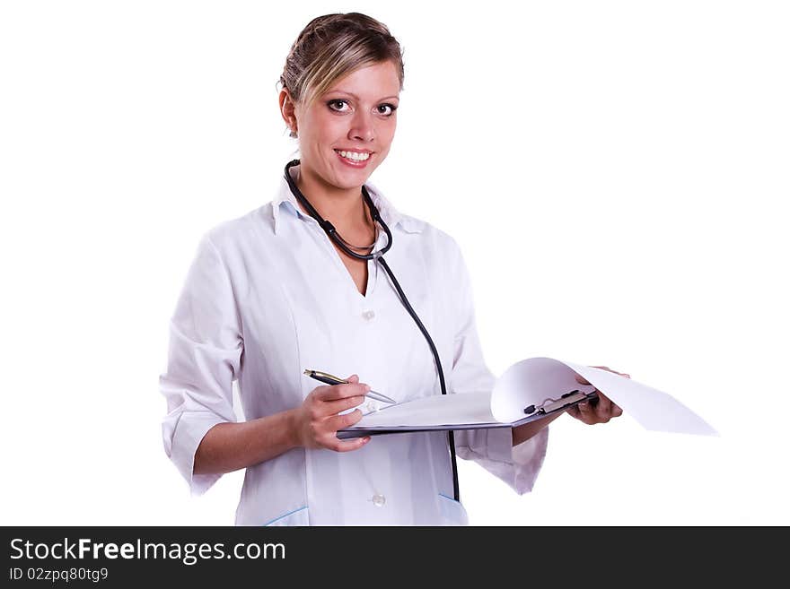 Smiling female doctor holding some folders. Isolated on white. Smiling female doctor holding some folders. Isolated on white.